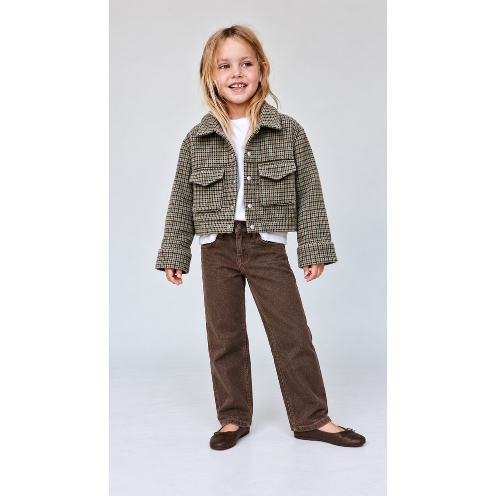 Zara Plaid Jacket Olive Brown Check Button Front Flap Pockets Coat SZ 6-7